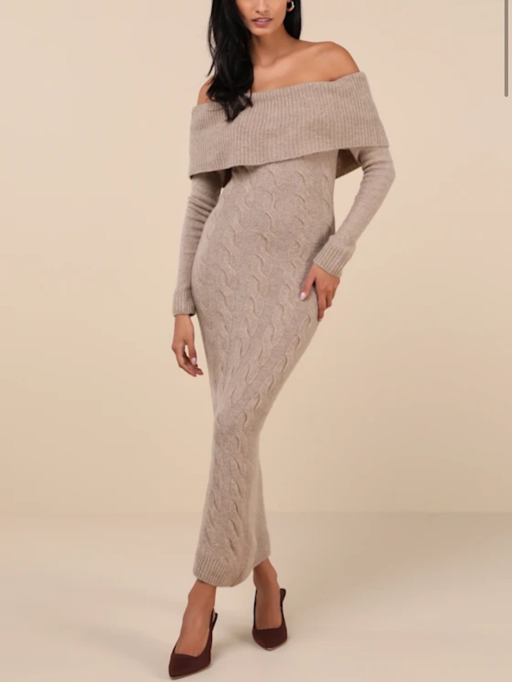 Lulu's Heather Beige Cable Knit Off-the-Shoulder Maxi Dress
